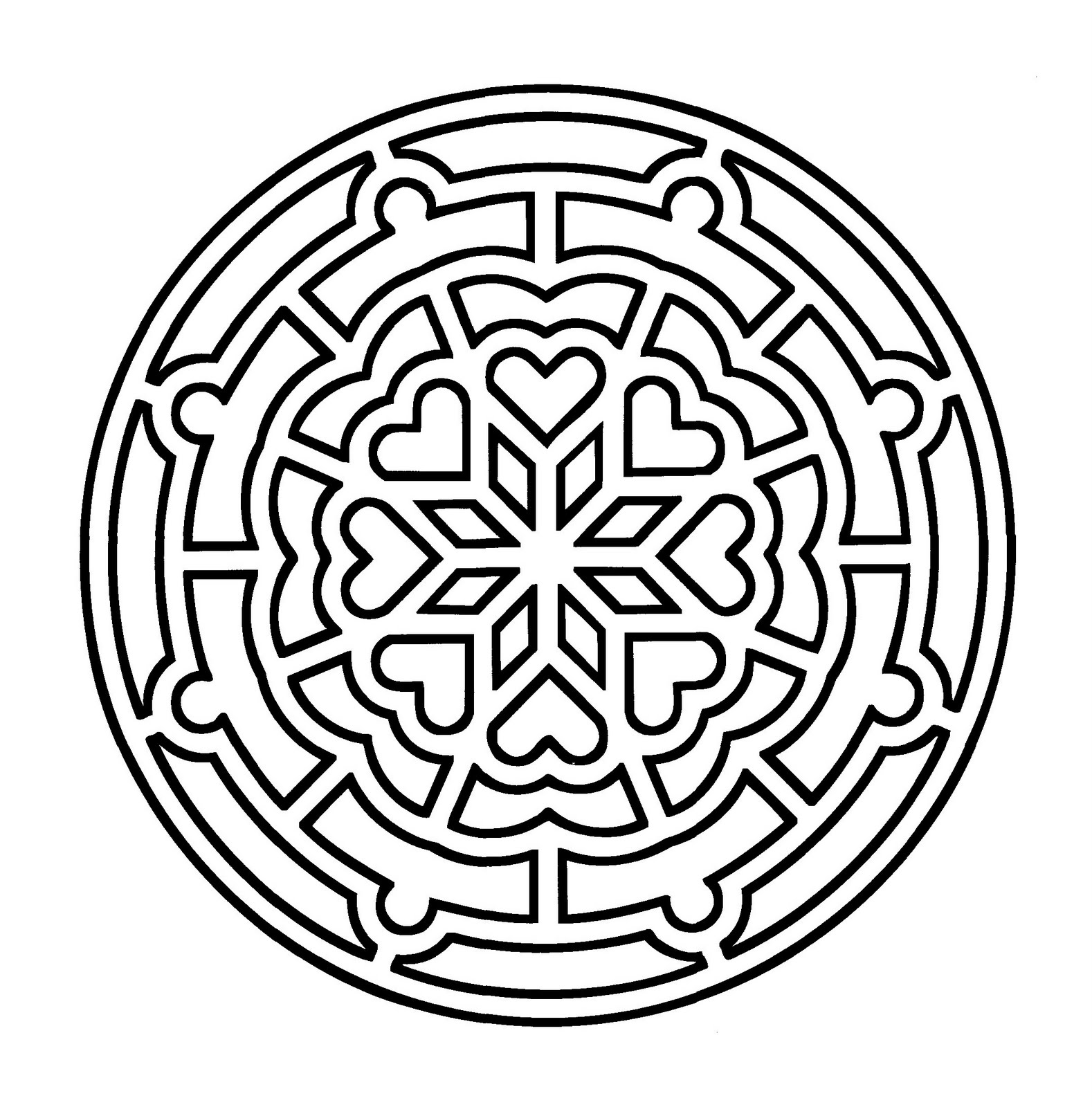 Mandala à colorier de forme géométrique avec des cœurs au centre de celui-ci.